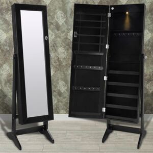 Cabinet negru pentru bijuterii cu suport oglindă și lampă LED