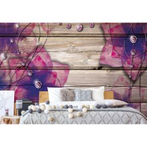Fototapet - Purple Flowers Wood Plank Texture Diamonds Vliesová tapeta - 416x254 cm