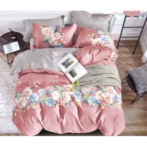 Lenjerie de pat din bumbac flanelat Culoare Roz cu flori + husă de pernă 40x50 cm Gratuit