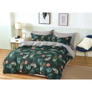 Lenjerie de pat verde din bumbac, cu un motiv de frunze și flori 3 părți: 1buc 160 cmx200 + 2buc 70 cmx80