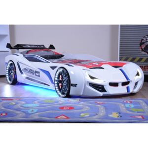 Pat în formă de automobil cu lumini LED pentru copii Fastero, 90 x 190 cm, alb