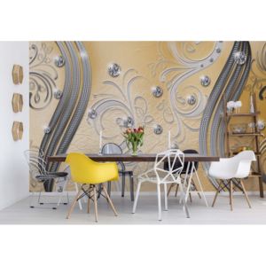 Fototapet - Ornamental Silver And Yellow Swirl Design Vliesová tapeta - 250x104 cm