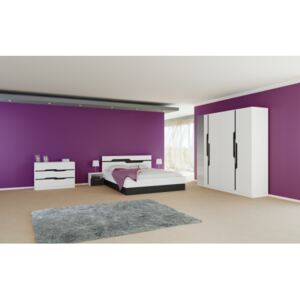 Dormitor set: Pat 166x206x84 cm, Dulap cu oglinda si LED 180x53x201 cm, Noptiere 40x36x34 cm, Comoda 100x39x71 cm, Culoare alb - negru
