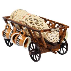 Suport lemn căruță cu sticlă și cănuțe din ceramică