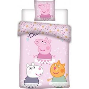 Lenjerii de pat copii, Peppa Pig 3 purcelusi, 2 piese 100x135 cm, 40x60 cm roz pal