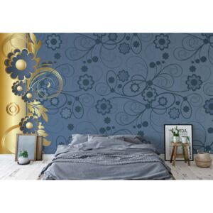 Fototapet - Blue And Gold Floral Design Vliesová tapeta - 416x254 cm