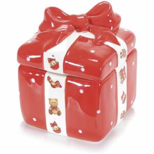 Borcan ceramic rosu alb cu capac decorativ cutie cadou cm 12 x 12 x 14 H