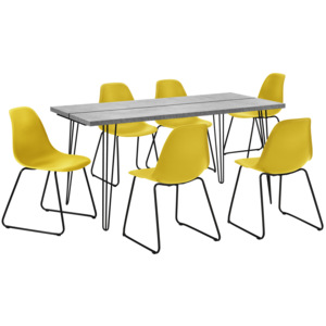 [en.casa]® Set design masa bucatarie cu 6 scaune, 160 x 75 x 77cm, efect beton/galben-mustar