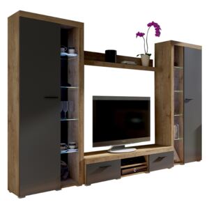 Set mobila Living camera de zi ,design modern, stejar lefkas gri inchis grafit ,300 cm lungime, Bortis