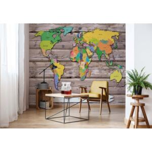 Fototapet - Political World Map On Wood Background Vliesová tapeta - 208x146 cm
