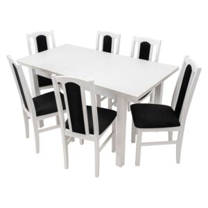 Set masa living Max5 B cu 6 scaune Boss10 B22, alb, extensibila 120/150 cm, lemn masiv/stofa/pal