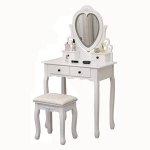 Set Amelia, Masă de toaletă pentru machiaj cu oglindă iluminată bandă LED, control touch, 5 sertare, scaun, Alb