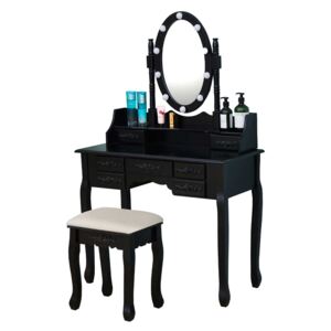 Set Julia, Masă de toaletă cu oglindă iluminată LED, 7 sertare, scaun, Negru