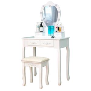Set Ilona, Masă de toaletă cu oglindă iluminată LED, 4 sertare, scaun, Alb