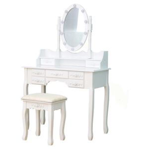 Set Julia, Masă de toaletă cu oglindă iluminată LED, 7 sertare, scaun, Alb