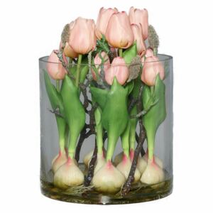 Aranjament lalele artificiale roz prăfuit în bol de sticlă cu aspect 100% natural, 29 cm
