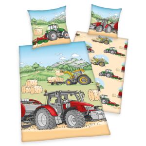 Lenjerie de pat Traktor pentru copii - Bej/Rosu