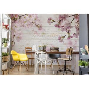 Fototapet - Vintage Chic Cherry Blossom Wood Planks Vliesová tapeta - 254x184 cm