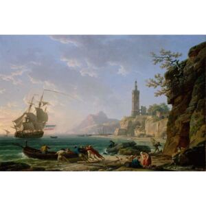 Claude Joseph Vernet - A Coastal Mediterranean Landscape with a Dutch Merchantman in a Bay, 1769 Reproducere