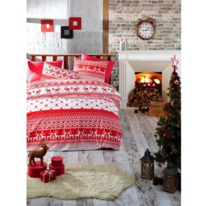 Lenjerie cu cearceaf pentru pat de o persoană, din bumbac ranforsat Nazenin Home Winter Red, 140 x 200 cm