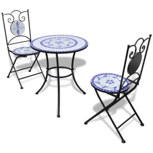 Set mobilier bistro, 3 piese, albastru/alb, plăci ceramice