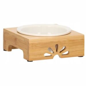 Castron, bol, pentru caine, pisica, cu suport, bambus, ceramica, alb, 14 cm