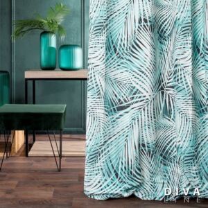 Draperie din poliester cu imprimeu de frunze de palmier si cu inele metalice, Agota Turquoise 140x270 cm