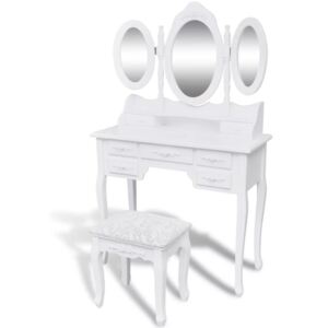 Masă de toaletă cu taburet și 3 oglinzi alb