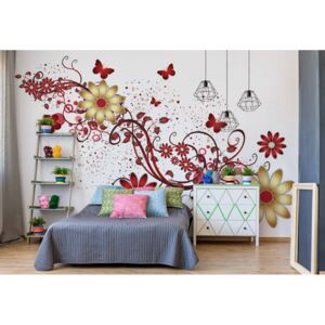 Fototapet - Modern Design Red And Yellow Flowers And Butterflies Vliesová tapeta - 416x254 cm