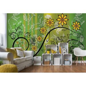 Fototapet - Modern Floral Design With Swirls Green And Yellow Vliesová tapeta - 416x254 cm