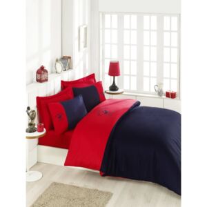 Lenjerie de pat din bumbac satinat și cearșaf BHPC Razzo, 200 x 220 cm, roșu-albastru închis
