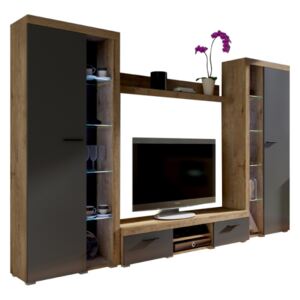 Set mobila Living camera de zi design modern stejar lefkas gri inchis grafit 300 cm lungime Bortis