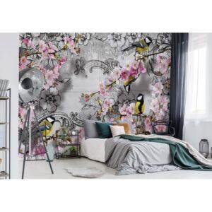 Fototapet - Birds And Cherry Blossom Flowers Vintage Design Vliesová tapeta - 254x184 cm