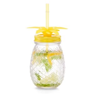 Pahar pentru limonada din sticla, capac si pai, Pineapple Galben, 500 ml, Ø9,5xH14,5 cm