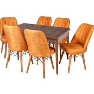 Set masa extensibila cu 6 scaune tapitate Homs cargold 250-30049 nuc-portacaliu 170 x 80 cm