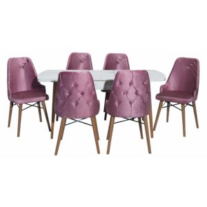 Set masă extensibilă Aris N. alb cu 6 scaune roz