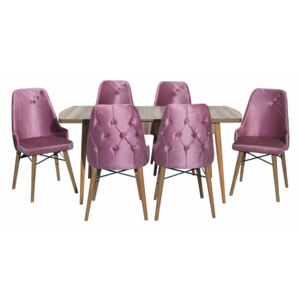 Set masă extensibilă Aris N. nuc cu 6 scaune roz
