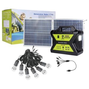 Set generator de curent cu panou solar 30W, acumulator 12V 17Ah, incl. 6 becuri LED, lanterna, 4xUSB, radio & mp3 player