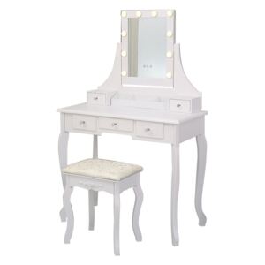 Set Matilde, masă de toaletă cu oglindă iluminată LED, control touch, 5 sertare, scaun, Alb
