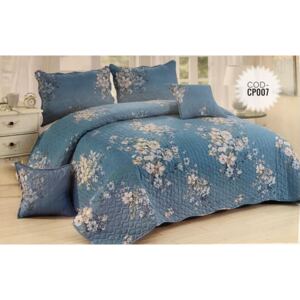 Cuvertura de pat, 2 Persoane, 5 Piese, Bumbac, Albastru, Floral