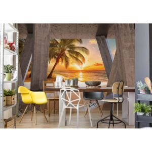 Fototapet - Sunset Tropical Beach 3D Modern View Concrete Vliesová tapeta - 416x254 cm