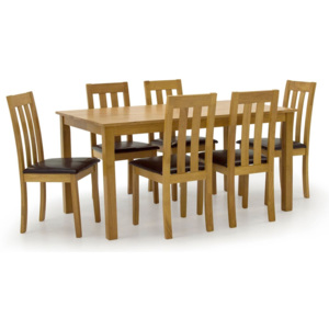 Set masa din lemn de cauciuc + 6 scaune cu sezut tapitat cu piele ecologica Annecy Oak / Brown, L150xl90xH75 cm