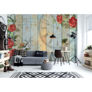 Fototapet - Clock And Roses Vintage Painted Wood And Floral Design Vliesová tapeta - 254x184 cm
