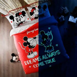 Lenjerie de pat dublu cu elemente fosforescente, Tac Disney, Minnie&Mickey Dreams Glow
