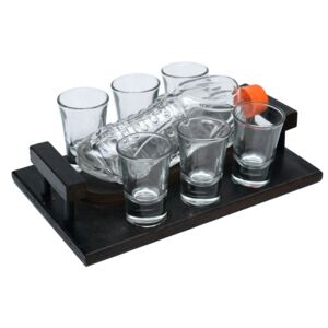 Suport lemn cu sticlă în formă de gheată de fotbal și 6 pahare de țuică