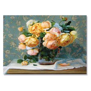 Tablou Canvas - Buchet de Trandafiri Galbene, Masa Retro, Turcoaz