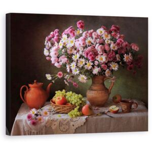 Tablou Canvas - Natura Moarta, Buchet, Floare, Roz, Vaza, Struguri, Cana