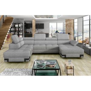 Coltar extensibil EMPORIO XL in forma de U, sezlong lung stanga, lada pentru depozitare, picioare metalice, structura din lemn masiv, saltea cu arcuri sinusoidale si spuma, tetiere reglabile, multicolor, 339x223/175x75/95 Lxl1/l2xh1/h2