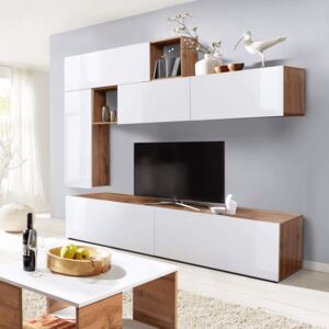 Perete living, alb cu luciu extra ridicat / stejar wotan, MIRALDA