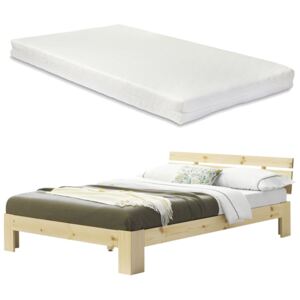 Rama pat lemn de brad Ardezia cu gratar pat, 214 x 145 x 67cm, lemn/poliester, pentru 2 persoane cu saltea spuma rece,culoarea lemnului